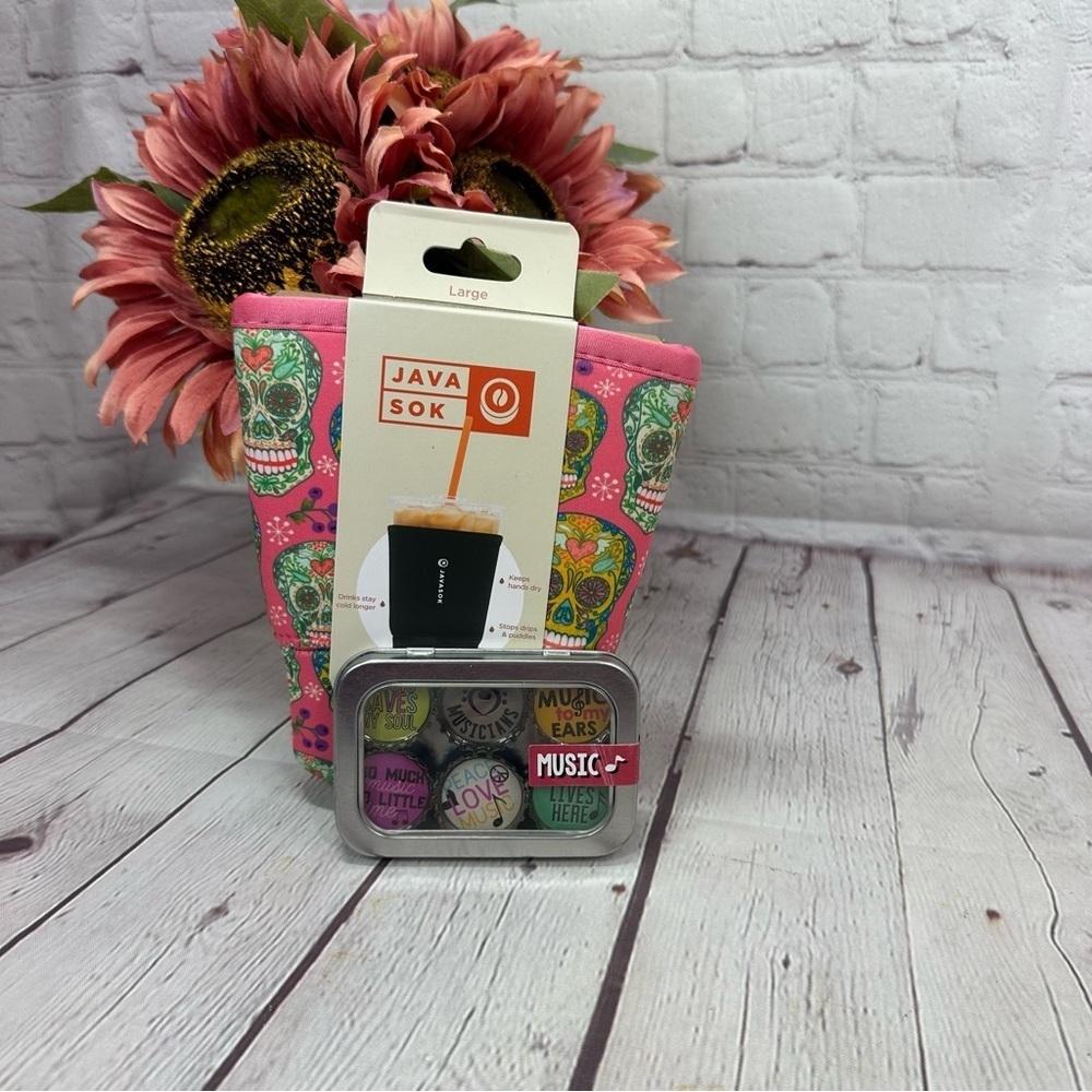 Colorful Skull Java Sok & music bottlecap magnets retro boho festival